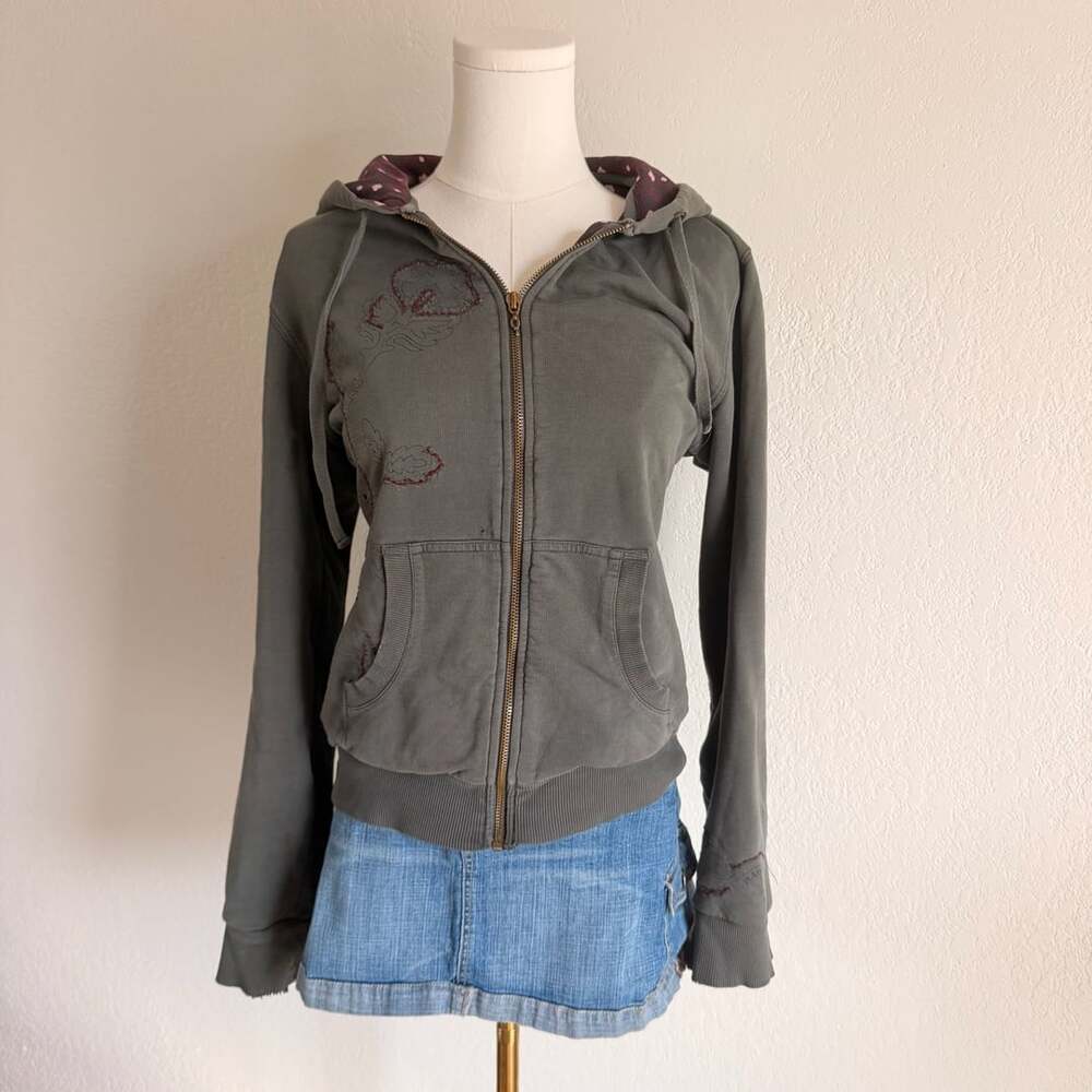PrAna Full-Zip Hooded Sweatshirt M Sage Floral Embroidery Distressed